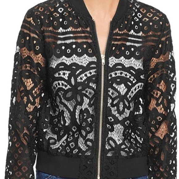 Aqua Jackets & Blazers - Aqua Boho Black Lace Bomber Jacket — Small